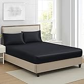 Queen Silk Satin Fitted Sheet, Soft Deep Pocket Single Bottom Bed Sheets Sold Separately, Wrinkle Free, Non- Fading, Breathable, Fully Elasticized(Queen Size, Black)