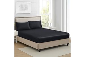 LANEST HOUSING Queen Silk Satin Fitted Sheet, Soft Deep Pocket Single Bottom Bed Sheets Sold Separately, Wrinkle Free, Non- Fading, Breathable, Fully Elasticized(Queen Size, Black)