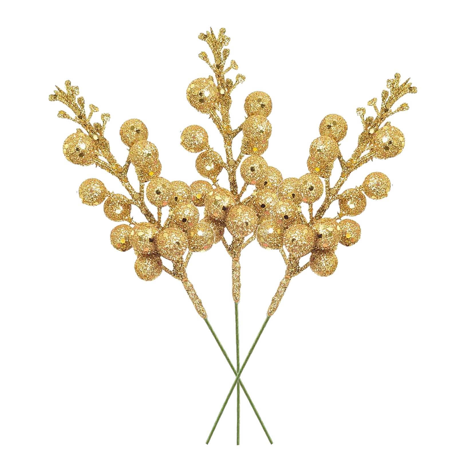 12Pcs Christmas Glitter Berries Stems, 7.9Inch Gold Berries Christmas Picks, Artificial Holly Berry Twig for Christmas Tree Decoration Xmas Garland Wreath Making DIY Craft Holiday Home Ornament
