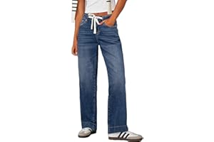 SIDEFEEL Women's Wide Leg Jeans High Waisted Stretchy Straight Leg Baggy Drawstring Denim Pants with Pockets