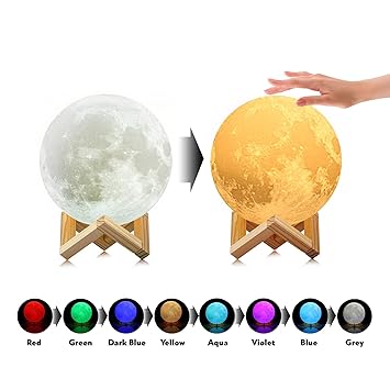 Amazon Com Upgraded Tapcontrol Version 3d Printing Moon Lamp With Wooden Stand Lanyard Rechargeable Led Moon Light Table Desk Lamp Lunar Night Light For Bedroom Multi Colors Lantern For Kids Astronomers Baby