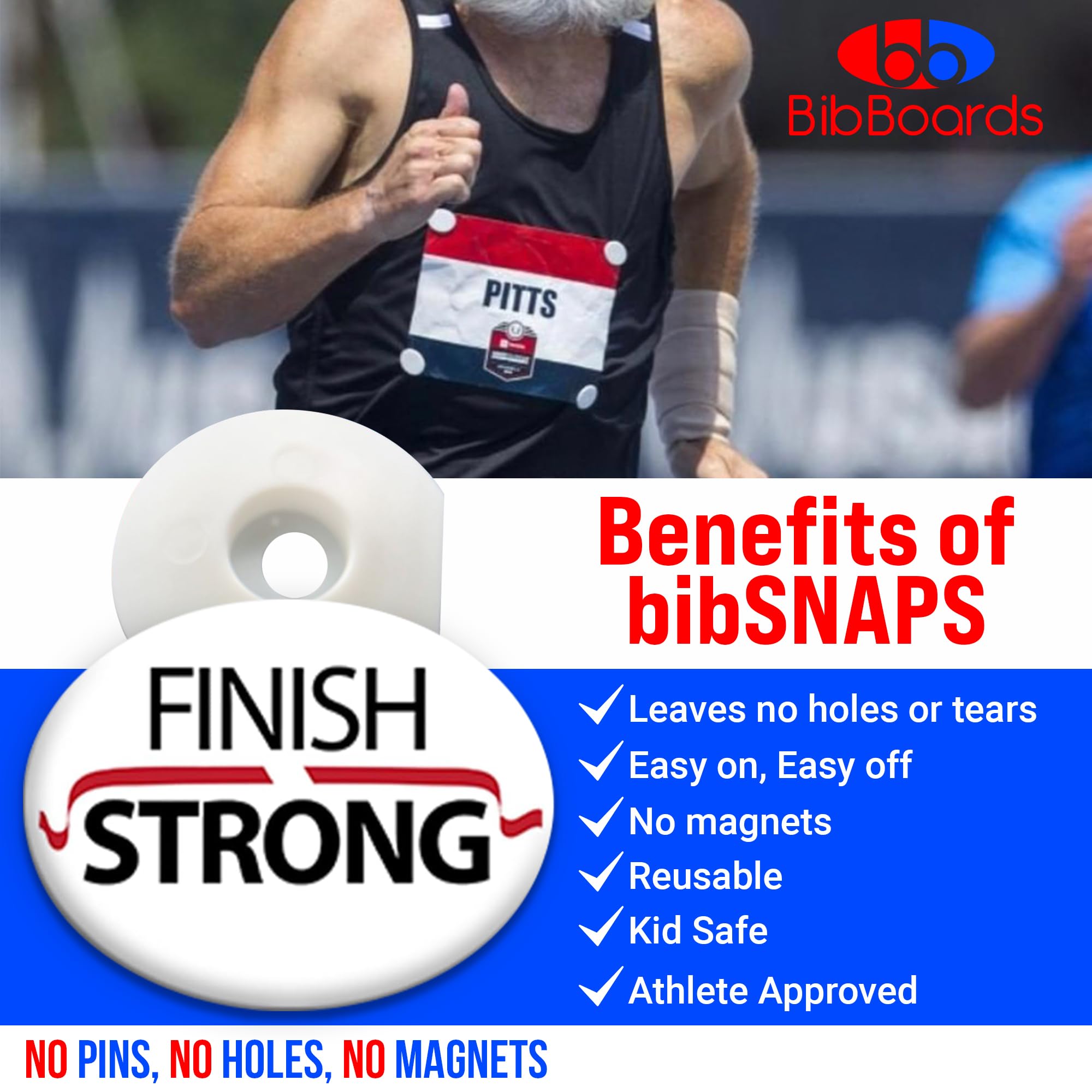 bibSNAPS Race Bib Clips - Safety Lock Fasteners - Secures Running, Marathon, Cycling and Event Number, Non Magnetic, Easy to Use & Reusable - Replacement for Pins & Magnets - Finish Strong (4pcs)