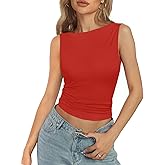 Women Going Out Casual Tank Tops Boat Neck Sleeveless Crop Tank High Neck Slim Fit Cropped Tee Shirt Y2k Fashion Outfits, S, Red