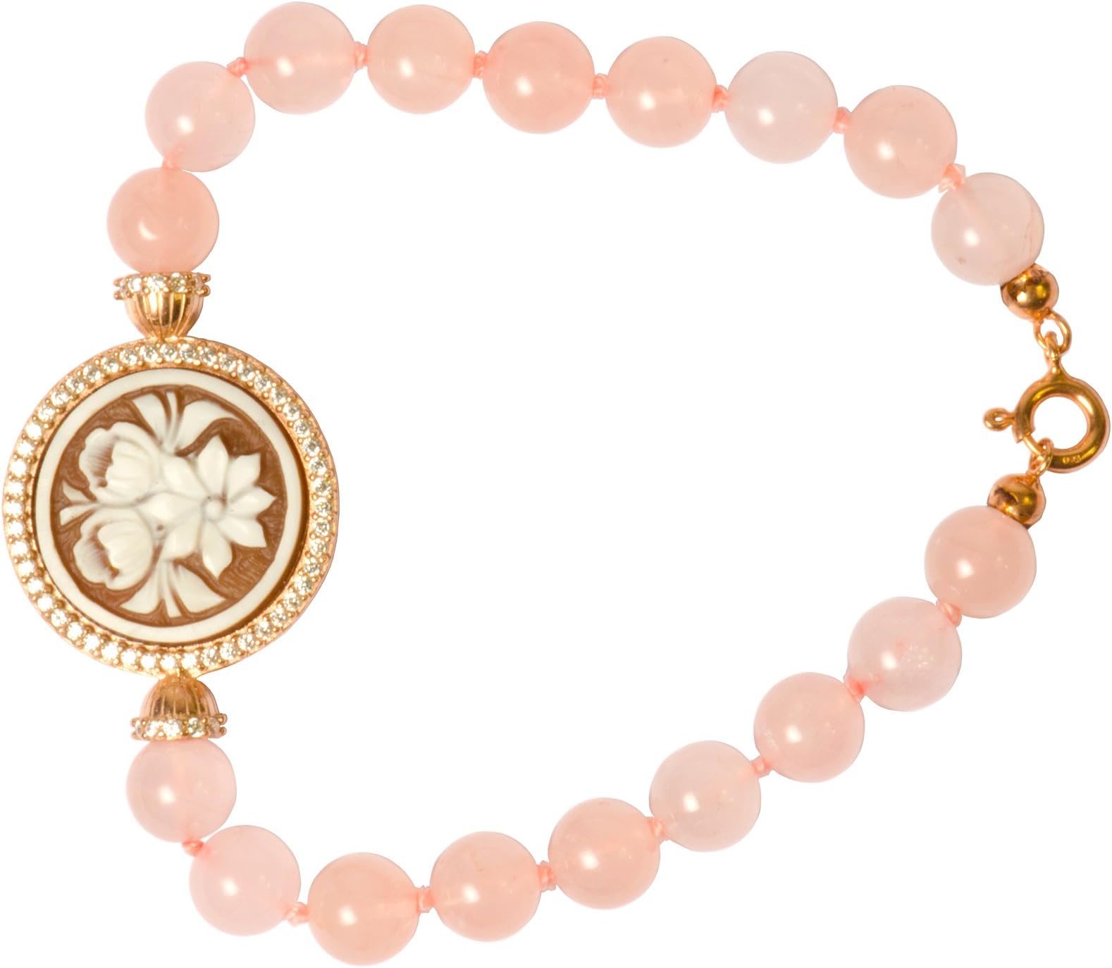 JJP Jewelry Floral Cameo Bracelet - Floral Sardonyx Shell Cameo Bracelet with 8 mm Pink Quartz Beads 25mm