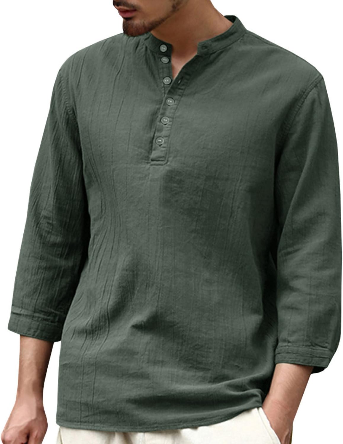 Shelers Men Shirts Mandarin Collar Cotton Linen Man Shirt Long Sleeve Summer Style Hawaiian Shirts Military Slim (Army Green, l)