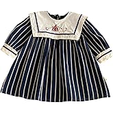 Cantuccistudio Baby Girls Long-Sleeve Navy Collar Striped Dress with Embroidery, 6 Months-5 Years, Summer Casual Style