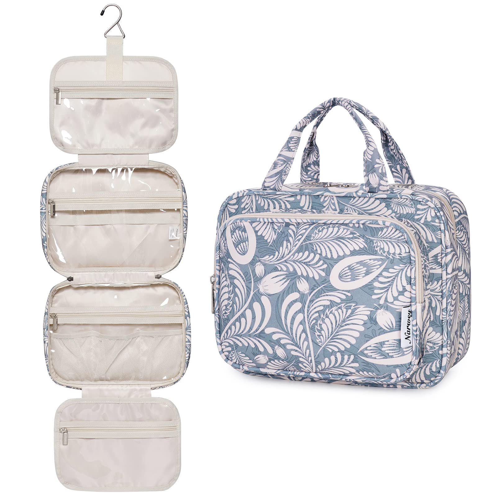 Narwey Hanging Travel Toiletry Bag for Women Wash Bag Cosmetics Makeup Bag Organizer for Travel Size Accessories (Blue Leaf (Medium))