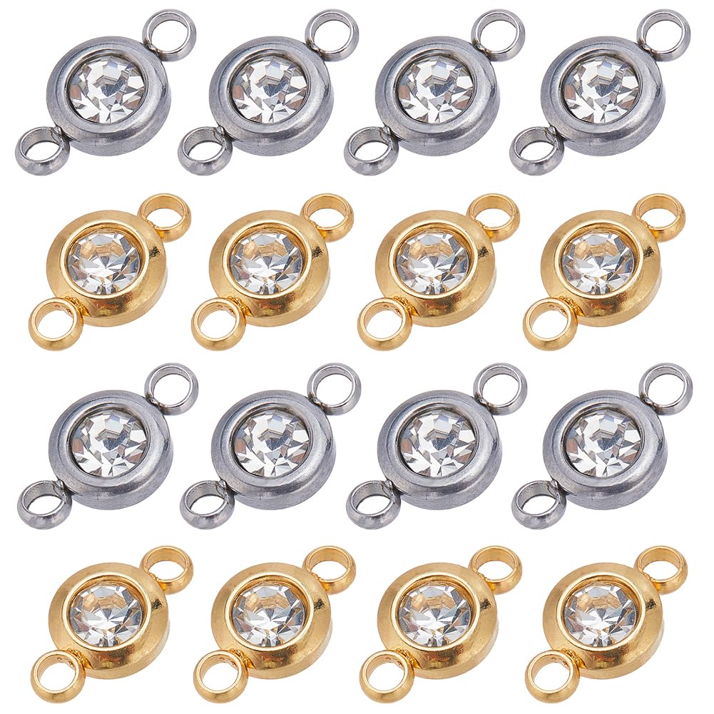 SUNNYCLUE 1 Box 24Pcs Rhinestone Connector Charms Gold Crystal Charm Bulk Flat Round Diamond Glass Links Silver Stainless Steel Connectors Charms for Jewellery Making Charm Earrings Bracelet DIY Craft