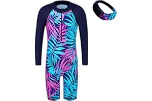 BAOHULU Girls One Piece Swimsuit with Matching Hairband UPF 50+ UV Long Sleeve Bathing Suit Zipper Beach Rashguard Swimwear