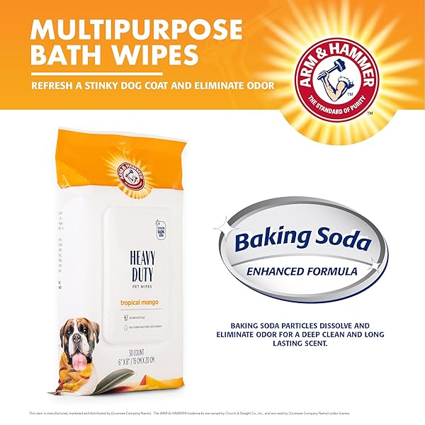 ARM & HAMMER FOR PETS HEAVY DUTY MULTIPURPOSE BATH WIPES FOR DOGS, TRAVEL SIZE, MANGO SCENT | ALL PURPOSE DOG WIPES REMOVE ODOR & REFRESH SKIN FOR PETS | 30 CT PACK OF TRAVEL PET WIPES