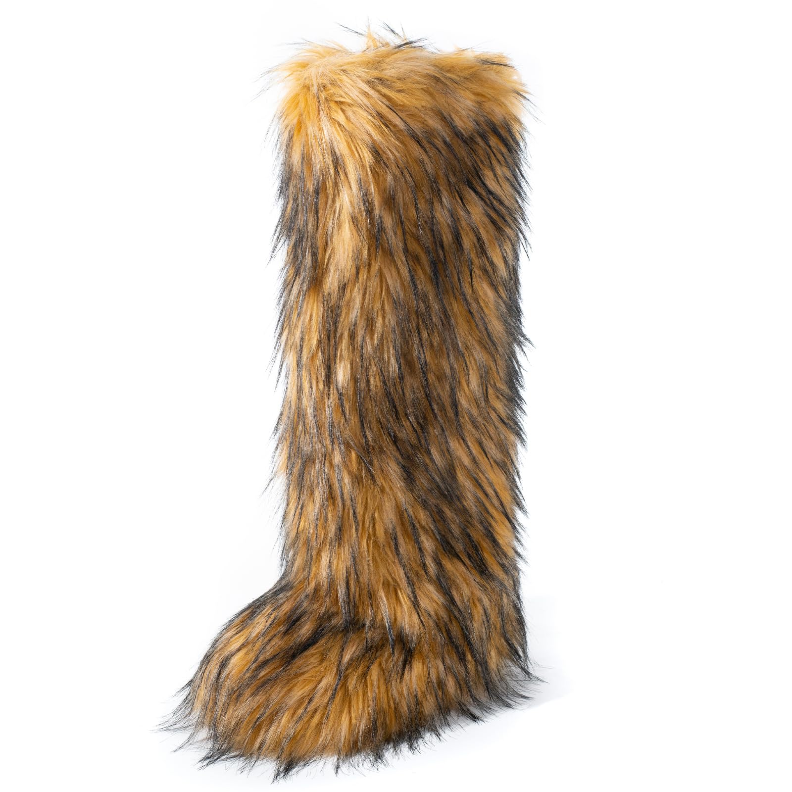 IXU Women's Faux Fur Boot Furry Fluffy Round Toe Suede Winter Comfy Plush Warm Short Outdoor Indoor Flat Shoes Knee-High Boots Image