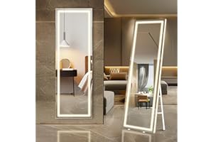 KKN Full Length Mirror with LED Lights, 58" x 18" Full Body Mirror, Free Standing & Wall Mounted Mirror with Lights for Bedroom, Salon, Aluminum Frame, Dimming & 3 Color Lighting (White)
