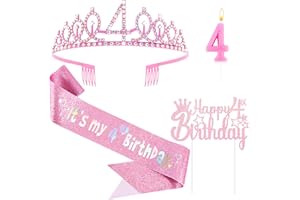 Vovii 4th Birthday Decorations for Girls - Pink Birthday Crown, Glitter Sash, Number 4 Candles and Cake Toppers for Girls 4 Year Old Party Supplies Outfit Gift