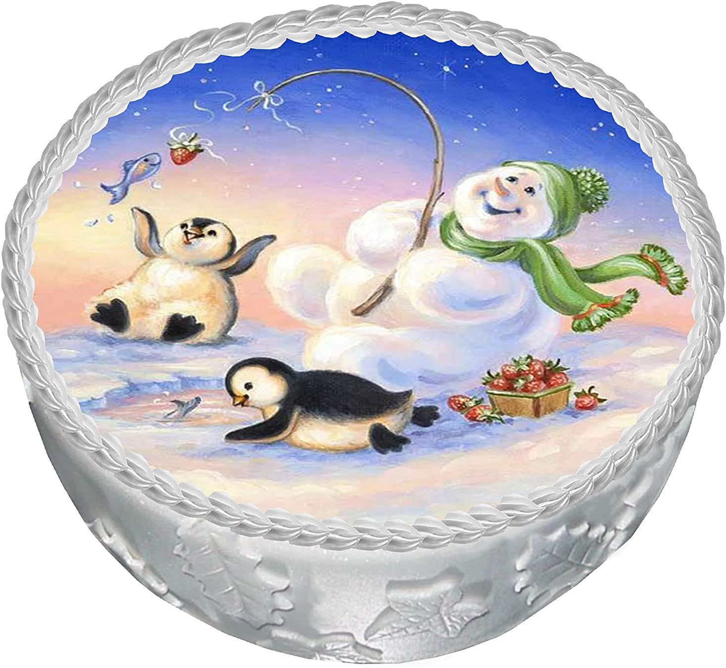 PRE-CUT CUTE SNOWMAN & PENGUINS CAKE C I. TOPPER 7" / 18CM EDIBLE RICE/WAFER PAPER DESSERT BIRTHDAY CHRISTMAS WINTER PARTY HOLIDAY DECORATIONS