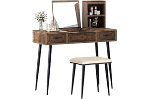 sogesfurniture Vanity Table Set, Mirror Makeup Dressing Table Set with 2 Drawers & Cushioned Stool & 3 Storage Shelves, Dressing Table with Flip Top Mirror, Makeup Vanity Desk Set for Bedroom Bathroom