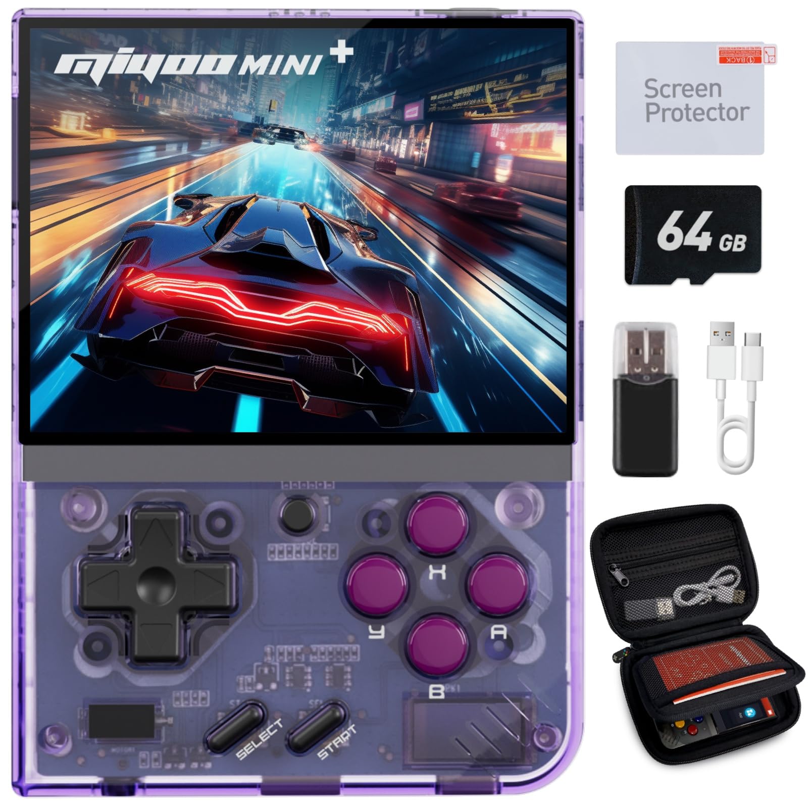 Miyoo Mini Plus Retro Gaming Console, with Dedicated Storage Case, 3.5 Inch IPS 640x480 Screen, 64G TF Card with 10,000+ Games, 3000mAh 8+Hours Battery, Support Wireless Network