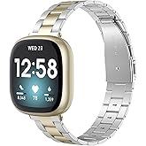 Wearlizer Compatible with Fitbit Versa 4/3 Bands/Fitbit Sense Bands for Women Men, Stainless Steel Ultra-Thin Lightweight Metal Replacement Strap for Versa 4/Sense (Soft Gold+Silver)