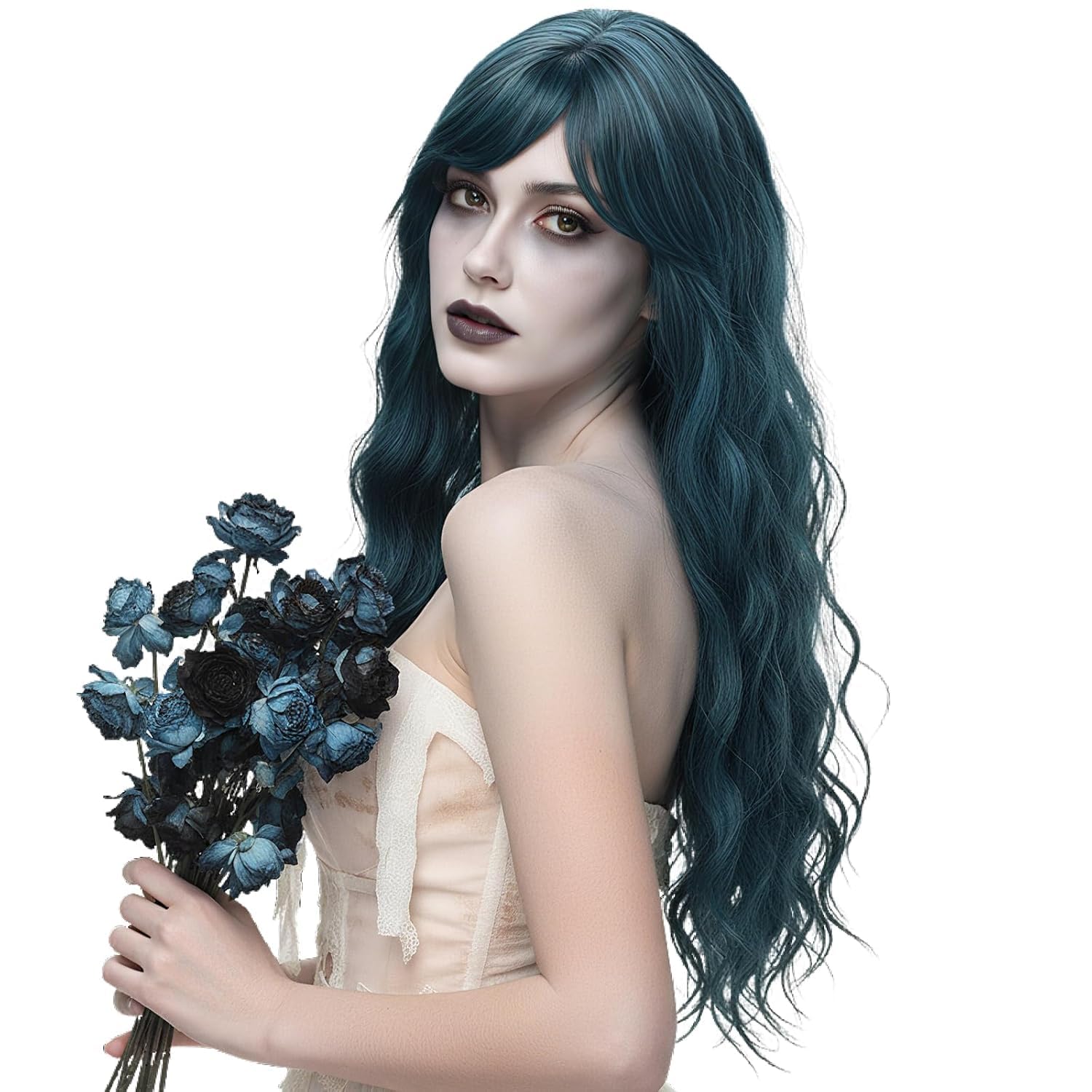 Yamel Long Wigs for Women with Fringe 24 inch Adjustable Curly Wavy Synthetic Hair Wig Cosplay Daily Use Blackish Blue Wigs