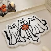 Nuanchu Halloween Cat Ghost Bath Mat Non-Slip, Soft Flocked | Ghost Cats with Pumpkin Design, 21.7x31.5 Inch for Bathroom Bedroom, Soft Flocked Texture, Non-slip Backing, Festive Decor