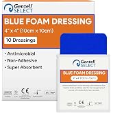 Blue Foam Dressings, 4"x4" - 10 Absorbent Foam Dressings with Antimicrobial Ingredients - Good for Moderate to Heavy Exudate Wounds - Works for Ulcers, Burns, Post-Op, Lacerations, Abrasions, and More