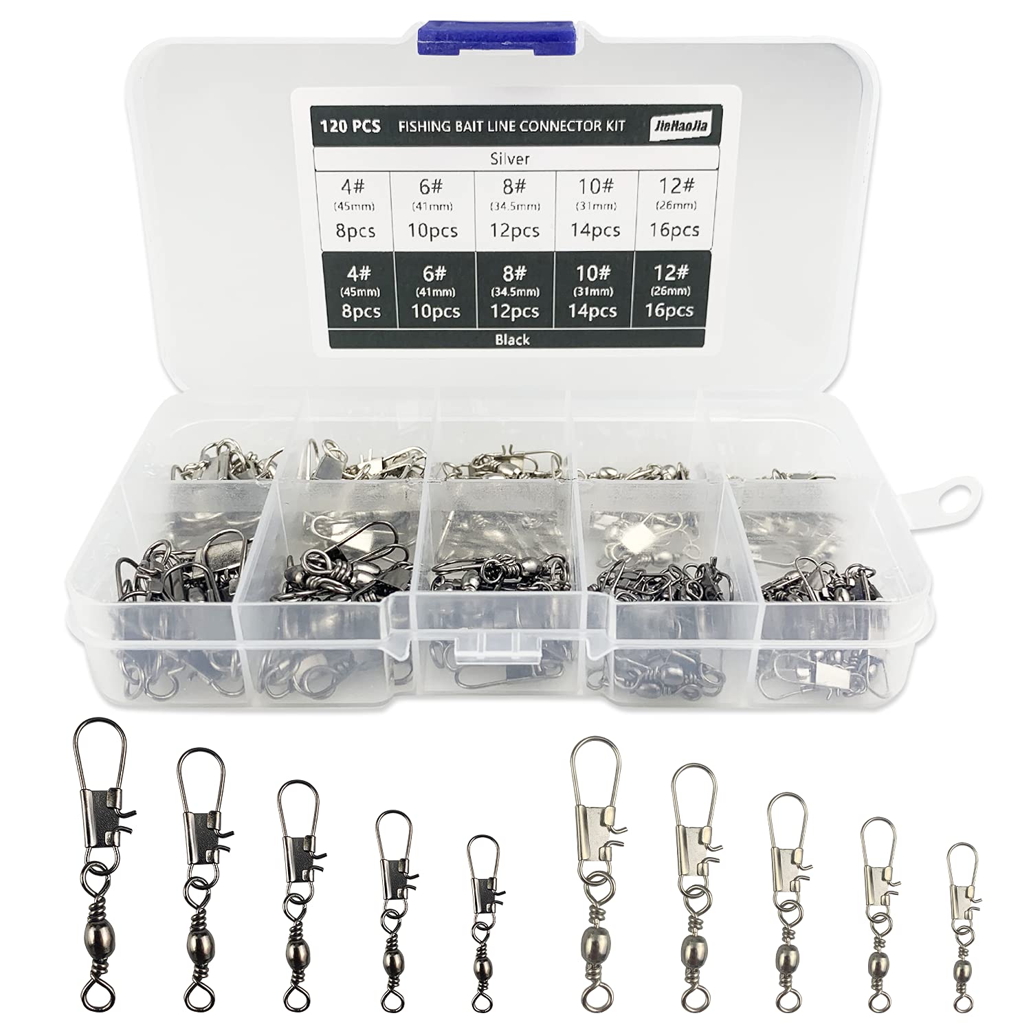 120Pcs Sea Fishing Swivels and Clips,Rolling Safety Snap Swivels Fishing Tackles, High Strength Fishing Snap Swivelss, Quick Change Swivelss Hooks to Line Connectors 4# 6# 8# 10# 12#