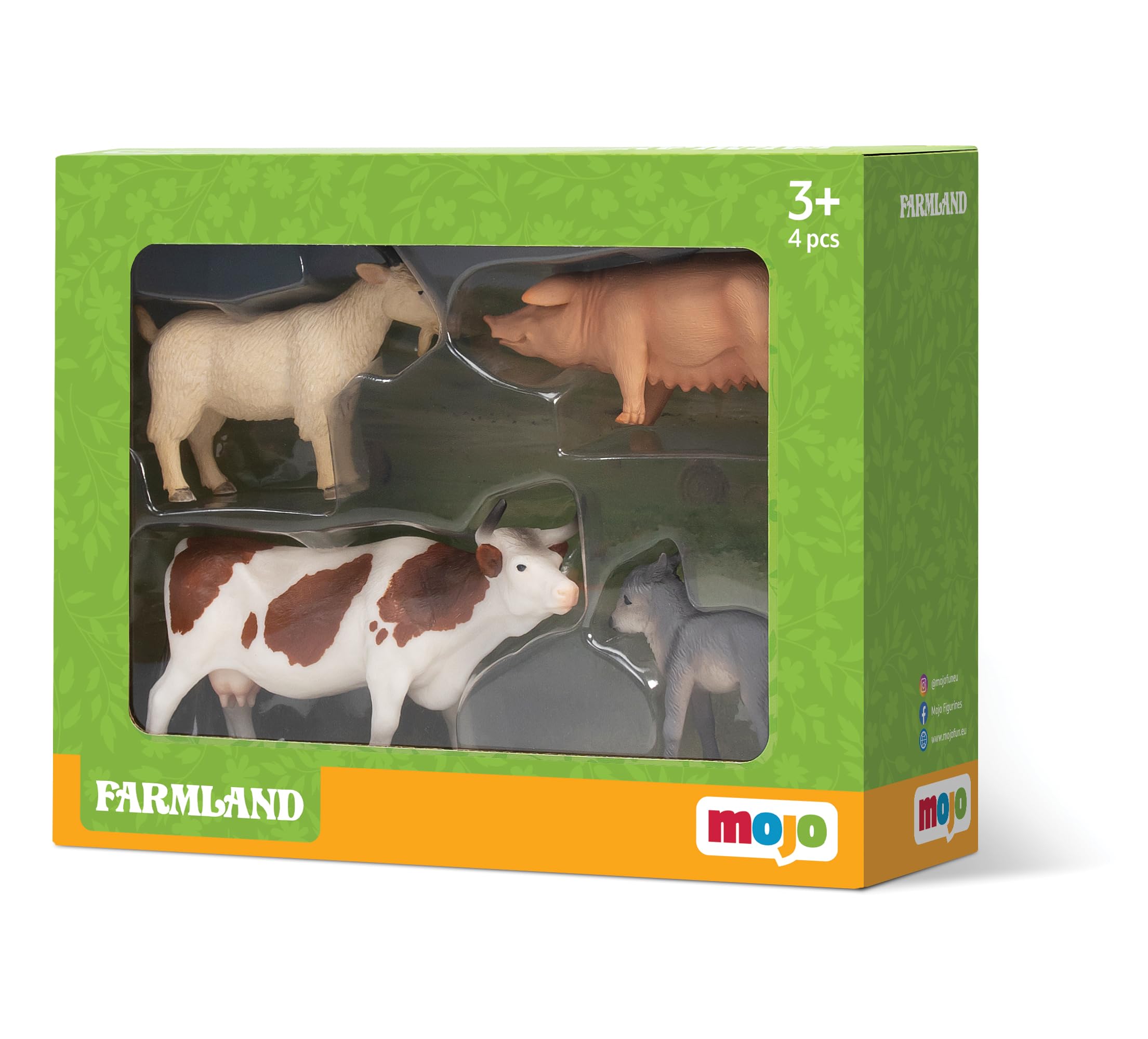 MOJO – Farmland Fun Starter Set with Billy Goat, Pig (Sow), Simmental Cow and Donkey Foal| Hand-Painted Toy Figure | Farmland Collection