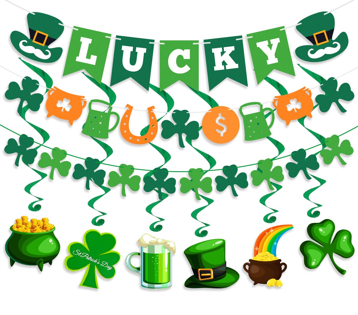 Photo 1 of 15Pcs St Patricks Day Decorations St Patricks Day Decor Pre-Assembled Shamrock Lucky Banner Clover Garland Banners Hanging Swirls for Irish Party Supplies Saint Patricks Day Decorations