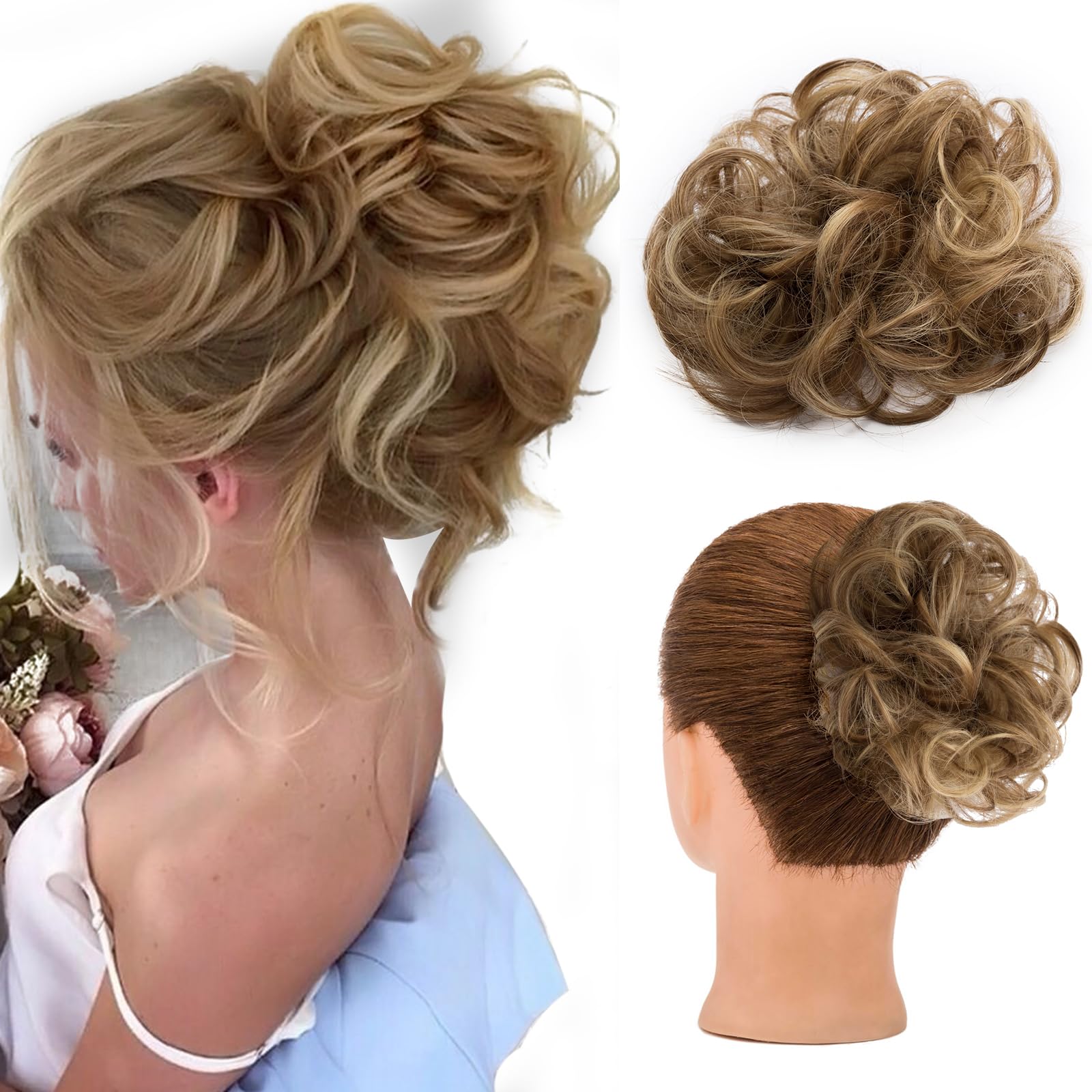Messy Bun Hair Piece, S-noilite Curly Wavy Hair Bun Extensions Hair Chignons Wrap Ponytail Hairpieces Hair Scrunchies with Elastic Hair Band, 30g - Light Brown Blonde Highlight