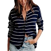 Hongsui Women's Casual Striped Knit Cardigan Button Down Crewneck Sweater Loose Color Block Outerwear