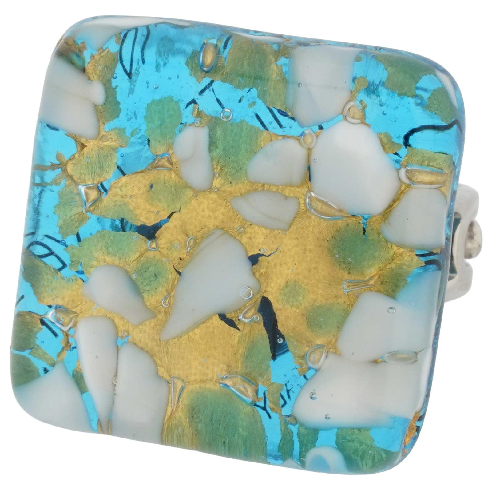 Glass Of Venice Square adjustable ring Venetian reflections - Aqua Gold, Glass, Crystal