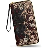 Jolamirel Gothic Moth Slim Wallet for Women Retro Damask Floral Long Zipper Around Credit Card Holder, Red Large Capacity Leather Billfold Clutch Wallets