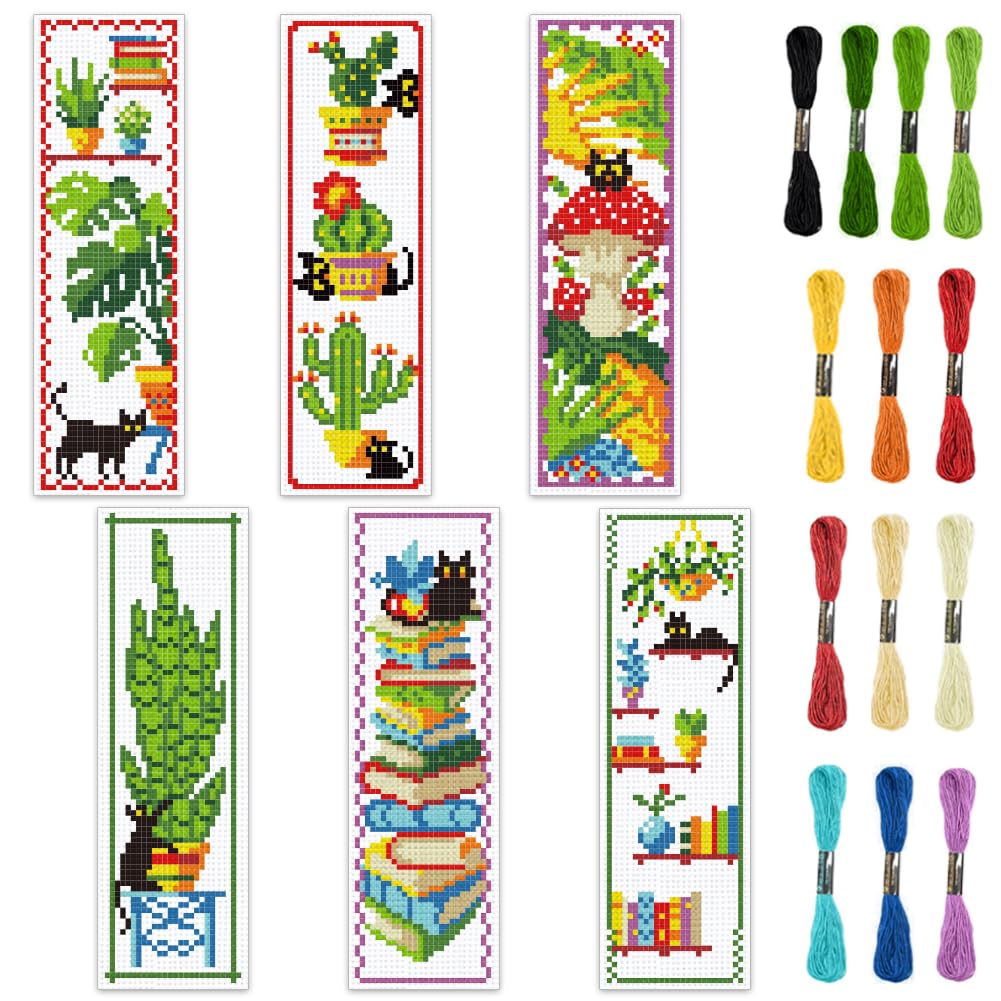 INFUNLY 6pcs Black Cat Cross Stitch Bookmark Kit DIY Plant Stamped Embroidery Bookmark Kits Instruction Included 8.7x3.1 Easy Cross Stitch Kits for Adults Beginners Book Needlepoint Bookmark Kit — image 1