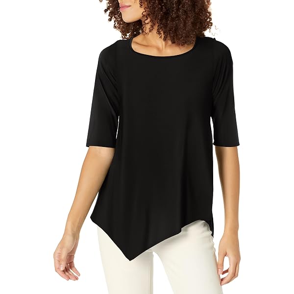 Star Vixen Women's Hanky Hem Top, Elbow Sleeve With Cinch Detail, Black/White/Blue Houndstooth...