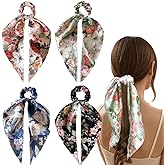 4 Pcs Spring Women's Floral Hair Scarf with Ribbon, Long Bow Scrunchies for Hair, Flower Hair Scrunchies with Bow, Chiffon Summer Floral Scrunchie