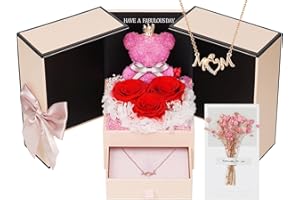 ADDWel Mom Birthday Gifts from Son or Daughter – Preserved Real Rose with Mom Necklace and Cute Moss Bear – Unique Rose Gifts for Women, Perfect for Mum, Mama, Mother on Birthday or Mother's Day