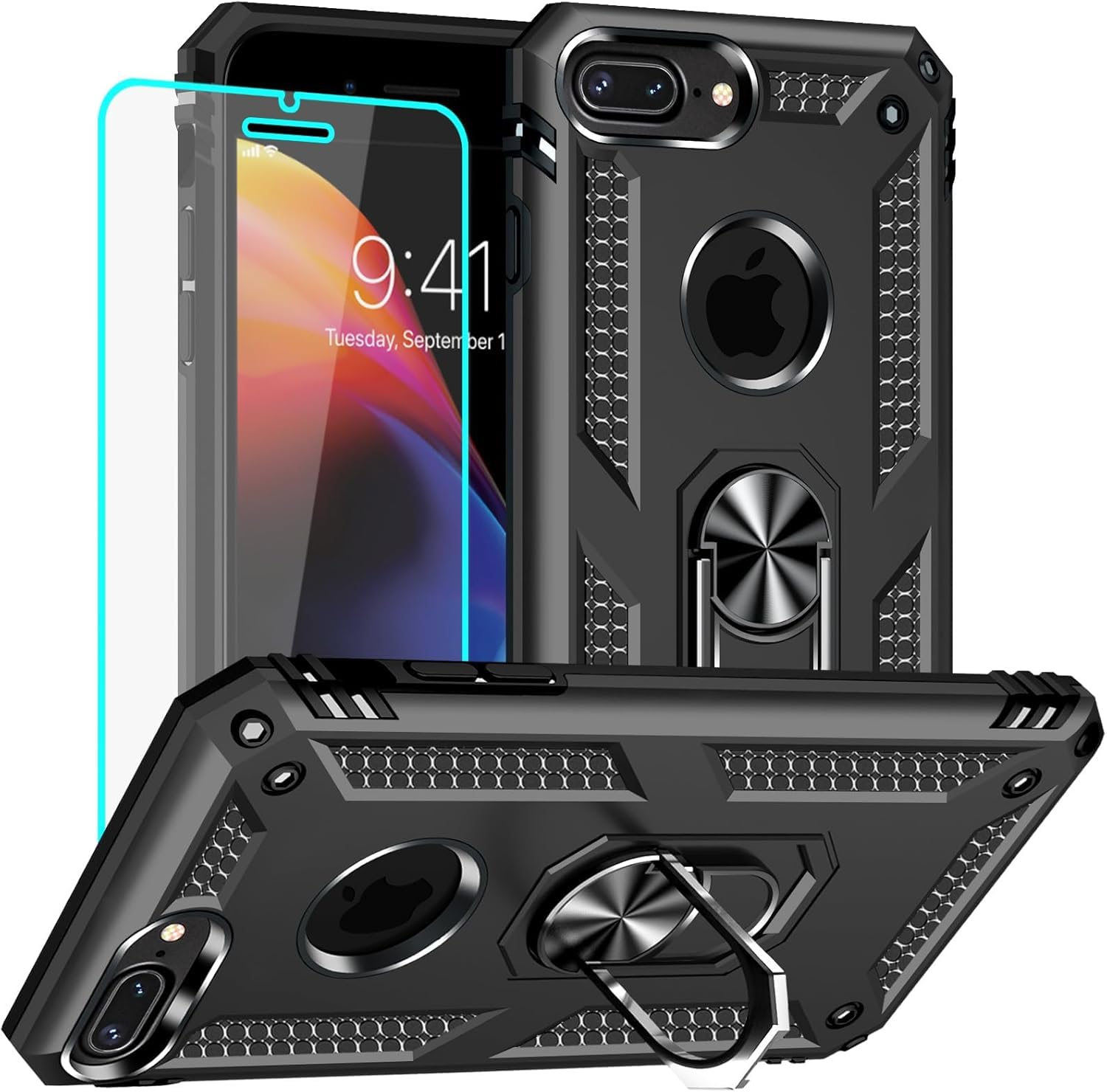 Yiakeng for iPhone 8 Plus Case with Screen Protector, Military Grade Protective Phone Cover with Ring Holder Kickstand for iPhone 7 Plus / 8 Plus (Black) โ image 1