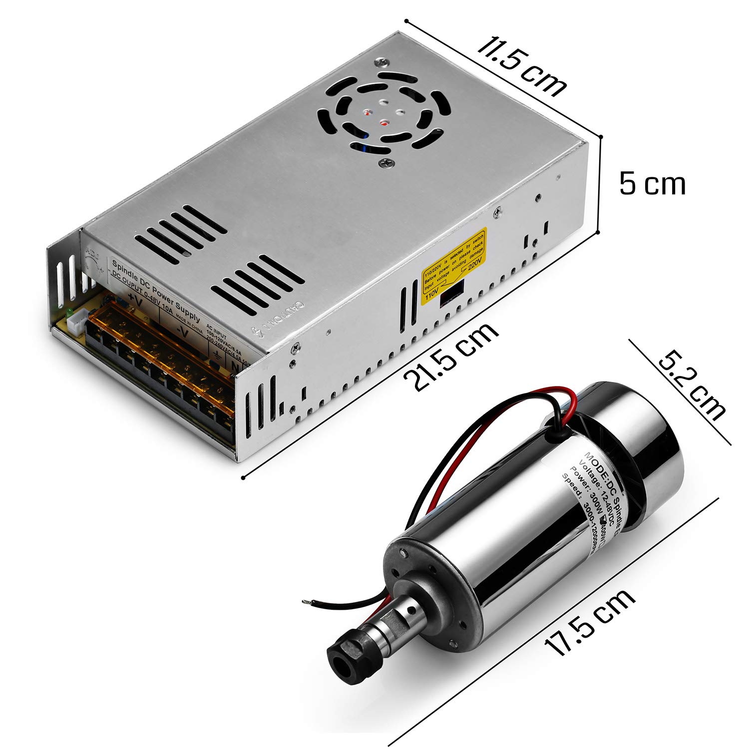Air-Cooled 300W Brush DC Spindle Motor with 0-48V Output Adjustable Switching Power Supply, 52mm Clamp & ER11 Collet, ideal for CNC Machining