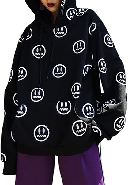 Ellies レディース 原宿系 かっこいい 笑顏 秋 韓国 ファッション ブラック パーカー トレーナー サイズ Free トレーナー パーカー 通販 Amazon