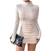 OYOANGLE Women's High Neck Long Sleeve Ribbed Knit Bodycon Dress Ruched Plain Short Dresses