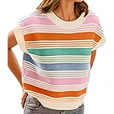 FireSwan Womens Cap Sleeve Sweater Vest Striped Color Block Loose Tank Tops Trendy Vacation Outfits Cute Summer Spring Top