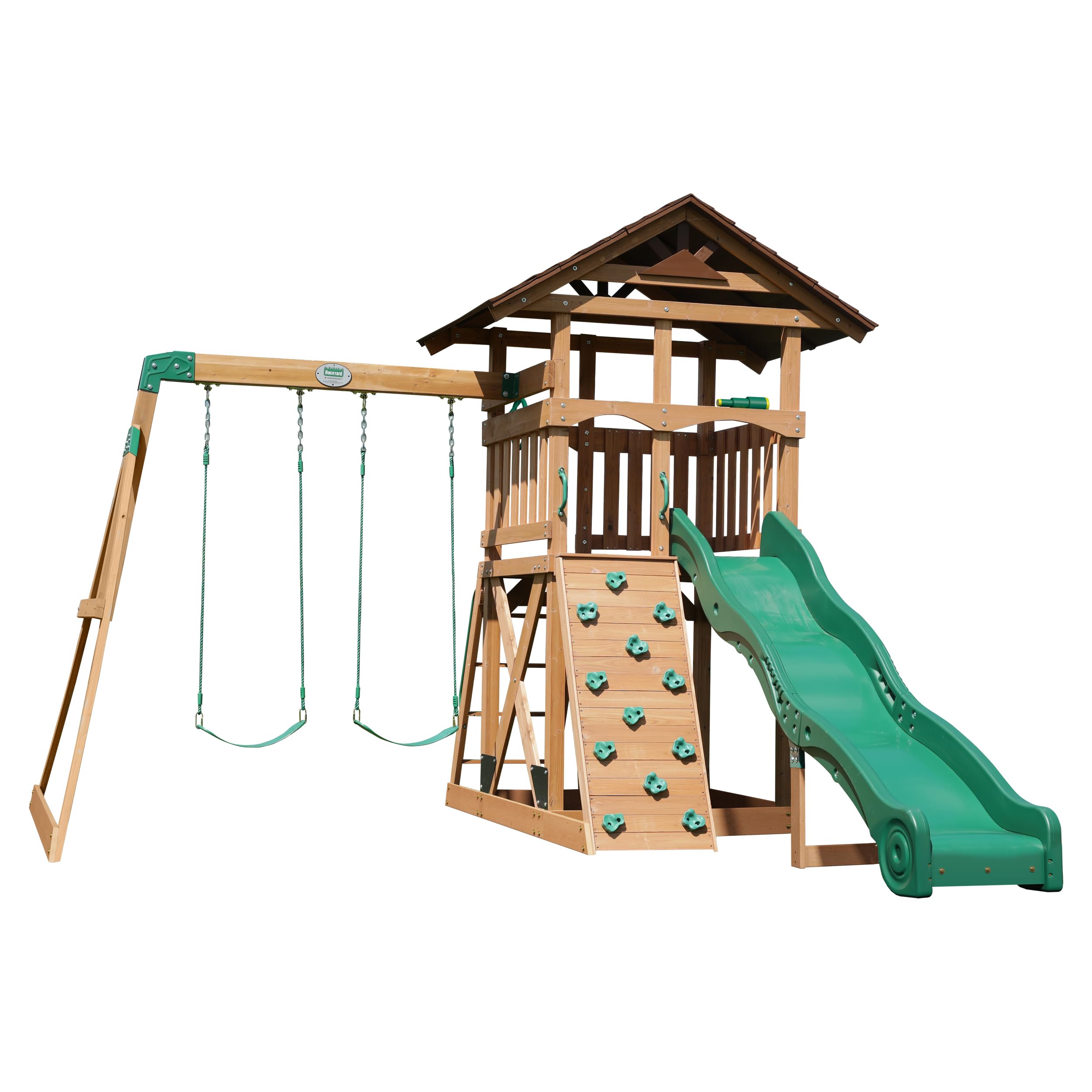 Photo 1 of Backyard Discovery Lightning Ridge Cedar Wood Swing Set with Wave Slide, Play Deck, Rock Wall, Sandbox, Belt Swings, Toy Telescope, Steering Wheel, Step Ladder, Outdoor Playset