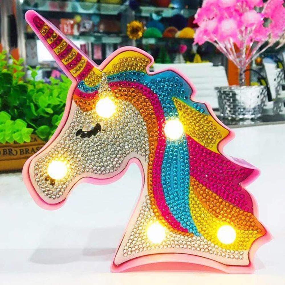 DIY Unicorn Diamond Painting Lamp with LED Lights Full Drill Crystal Drawing Kit Bedside Night light Arts Crafts for Home Decoration or Christmas Gifts 5.8*7.1inch (Unicorn A)