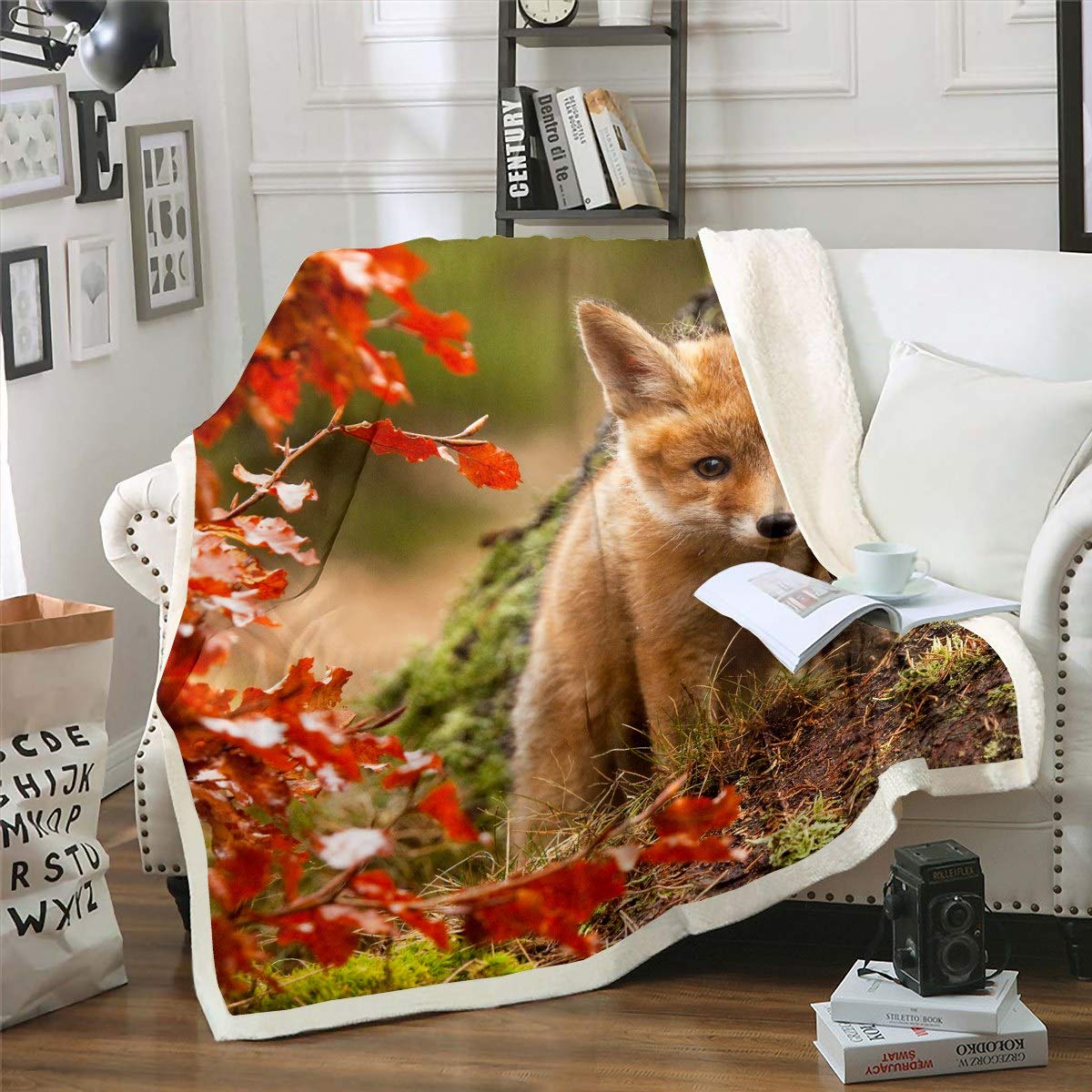 Loussiesd Cute Fox Print Fleece Blankets 3D Animal Theme Throw Blanket for Couch Sofa Travel Woodland Fox Sherpa Blankets Stain Resistant Room Decor Nature Autumn Double 60"x79" Fuzzy Blanket