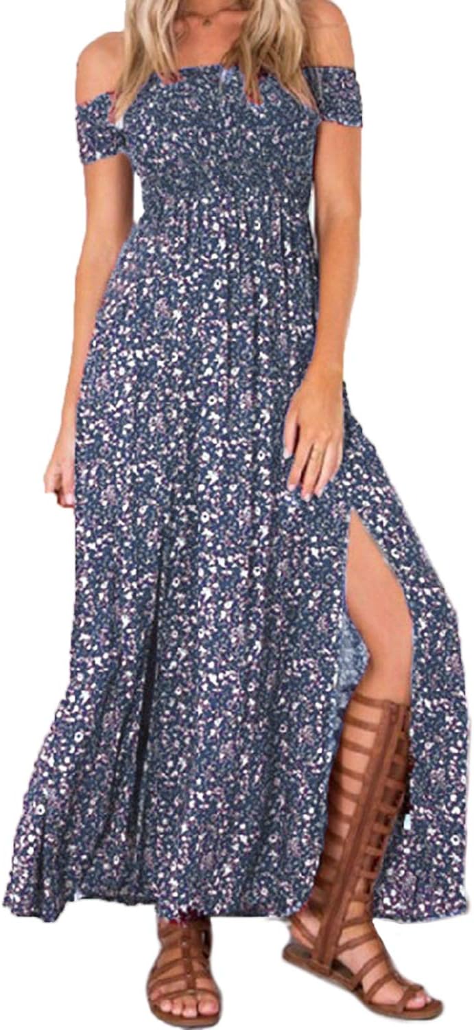 Women Maxi Dress Long Sleeve Off Shoulders Ruffles Side Split Long Dress with Pockets