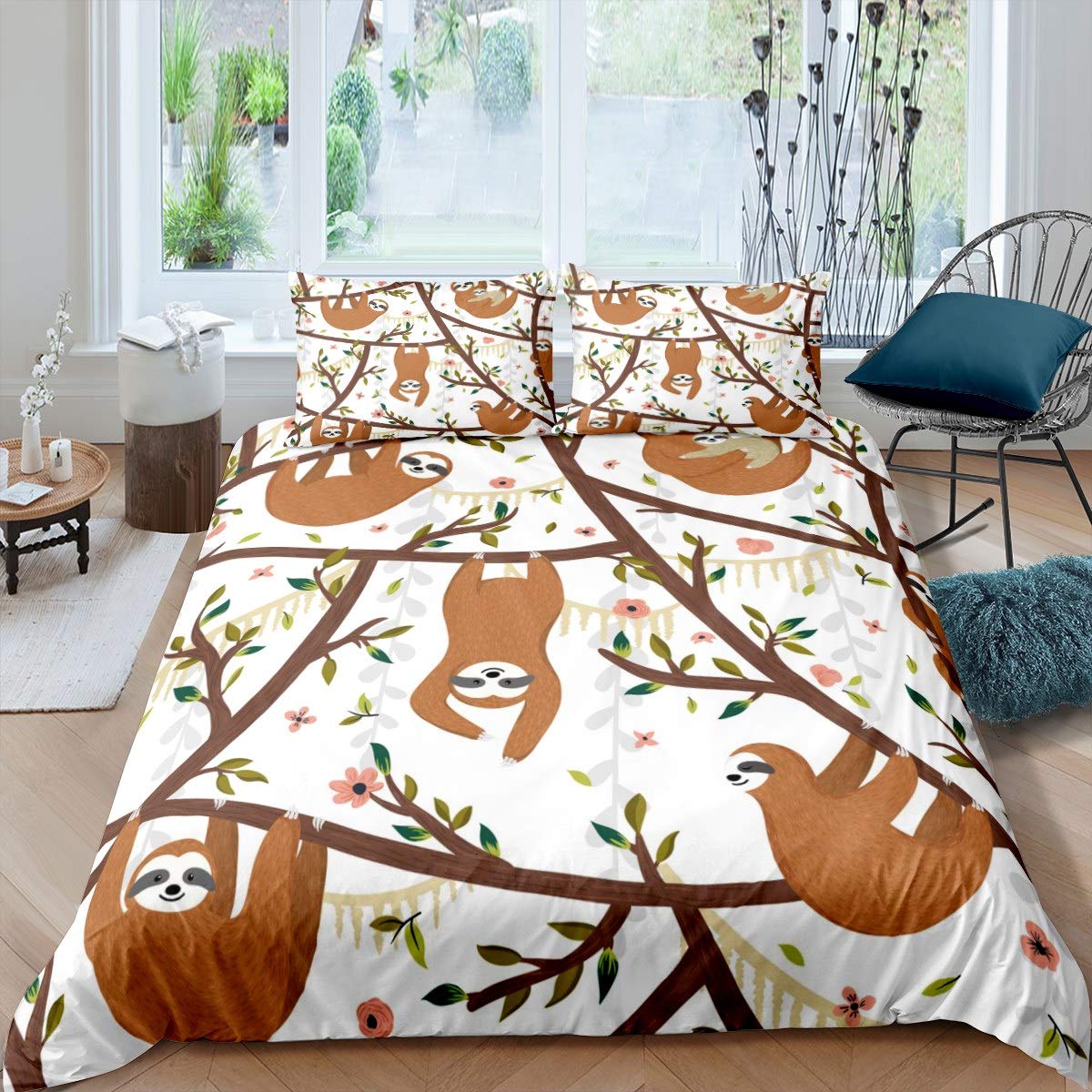 Kids Sloth Duvet Cover Cartoon Brown Sloth Bedding Set for Boys Girls Cute Animal Pattern Comforter Cover Room Decor Wildlife Tree Branches Bedspread Cover Single Size With 1 Pillow Case — image 1