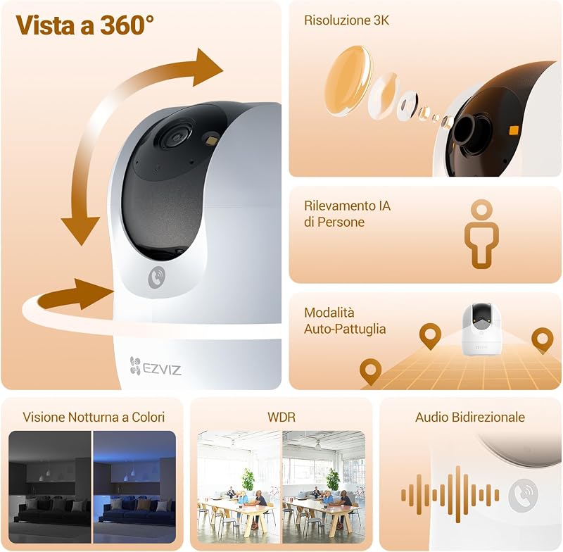 C6N G1 3K Telecamera Wi-Fi Interno, 5MP Videocamera Sorveglianza Interno Pan/Tilt/Zoom, Rilevamento di Persone, Visione Notturna a Colori con WDR, Chiamata Bidirezionale, Kit da 2