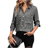 OYOANGLE Women's Button Down Denim Shirts Casual Long Sleeve V Neck Chambray Blouse Top