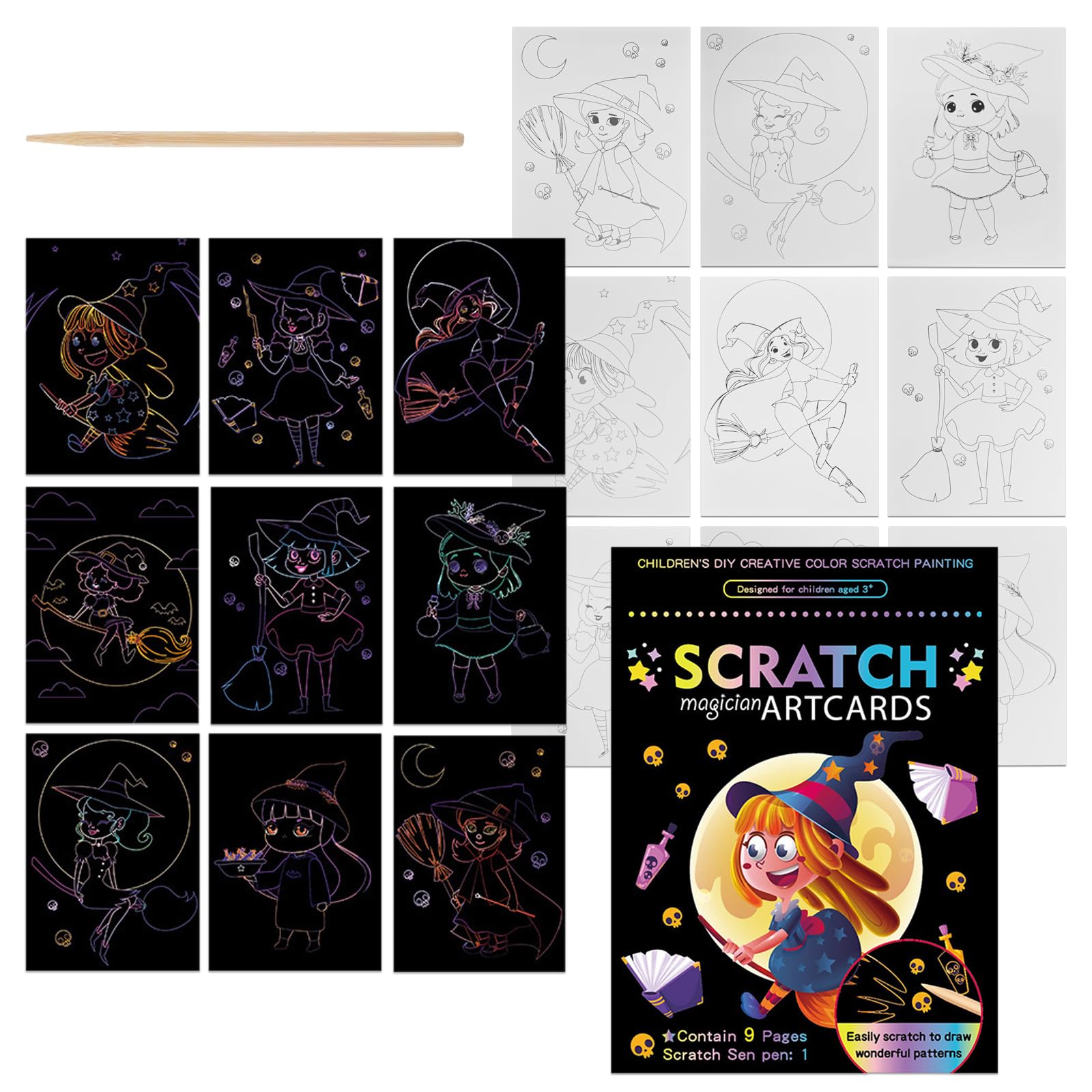 Azxndy Rainbow Magic Elf Scratch Art Kit for Kids,9PCS Magic Scratch Black Paper with 1 Wooden Stylus,Craft Kit Scratch Note Black Doodle Pads, 3-12 Year Old Girls Boys for Party Favor Activities