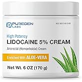 Puregen Labs 5% Lidocaine Numbing Cream Maximum Strength | Topical Anesthetic for Aches, Itching, Soreness, Burning - Enriched with Aloe-Vera | 6 Pack - Total 36 Oz