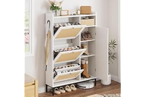 Rattan Shoe Organizer with 3 Flip Drawers and 4-Tier Adjustable Shelves – Freestanding Entryway and Hallway Shoe Rack White